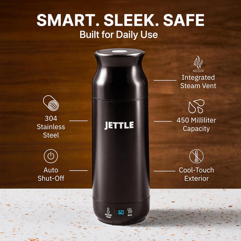 Jettle travel kettle compact size fits luggage or backpack for easy transport.
