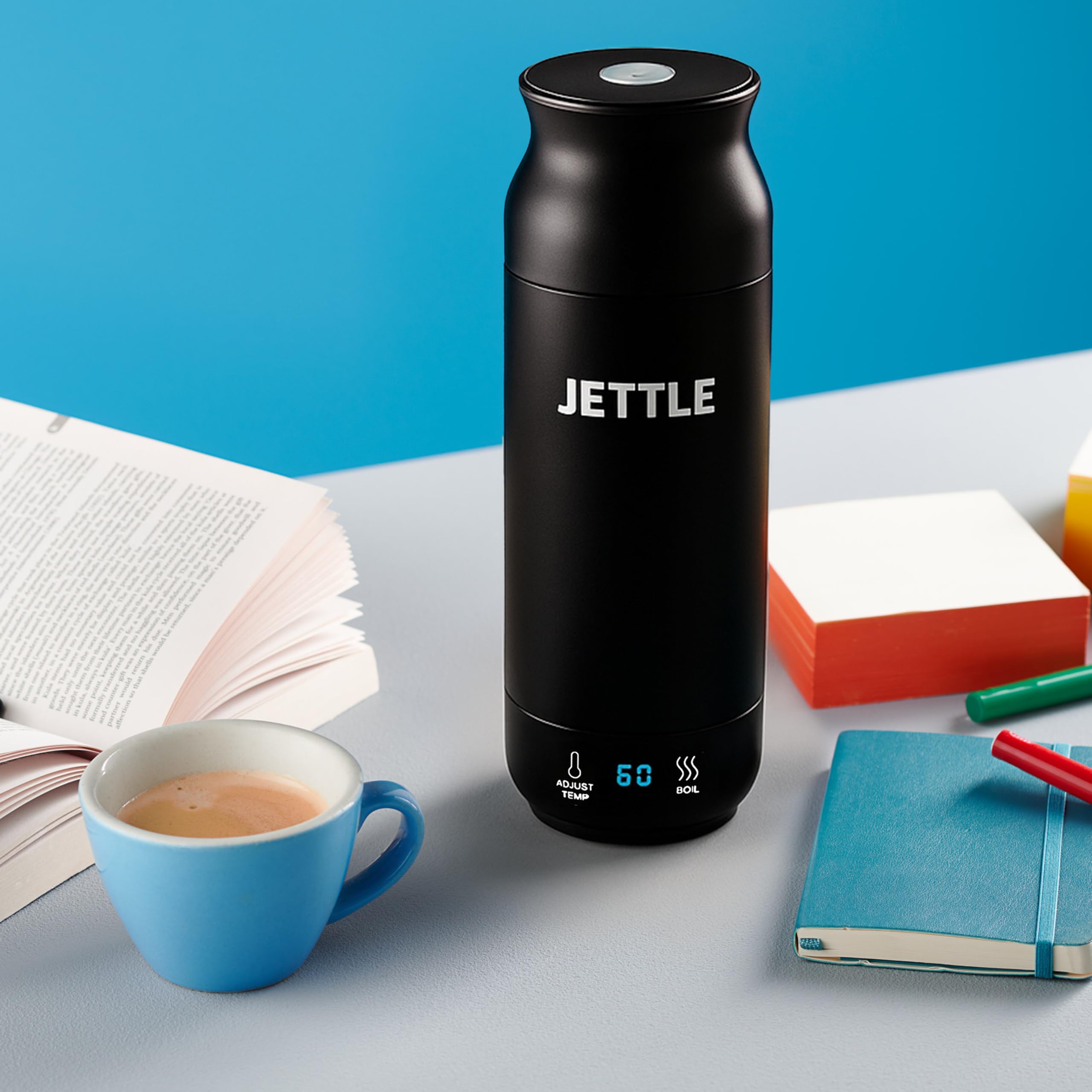 Jettle travel kettle integrated steam vent reduces manual venting during use.