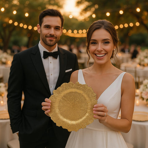 JEVERGN gold charger plate—radial texture adds depth to table settings.