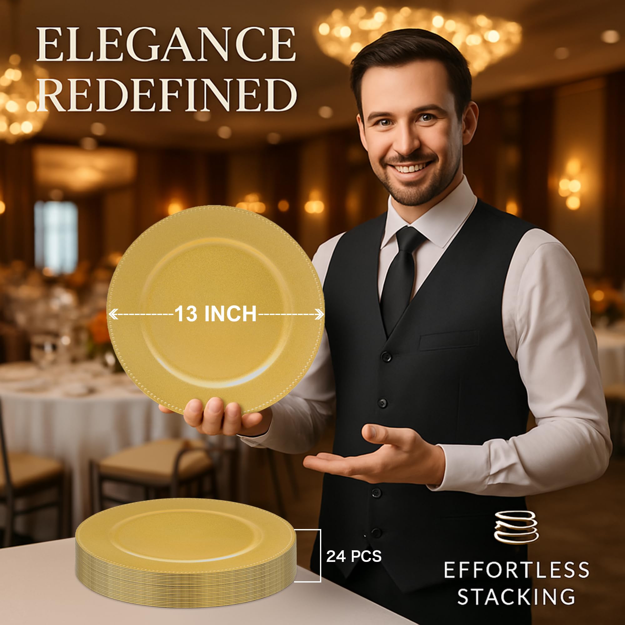 JEVERGN 24-pack gold chargers for weddings and events