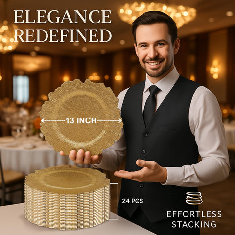 JEVERGN gold charger for wedding tables creates luxurious backdrop.