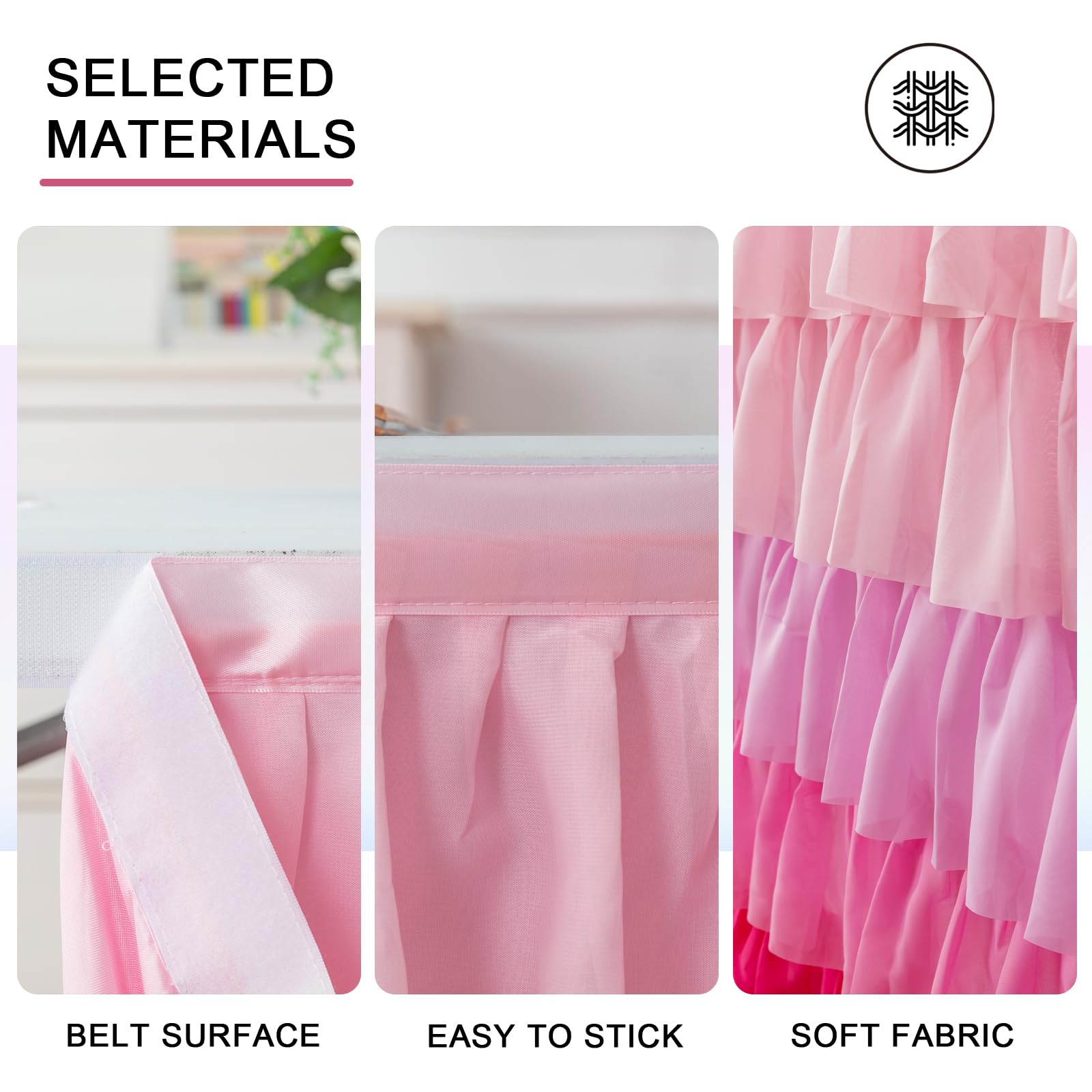 Jevix pink table skirt with four-color ruffles for unicorn or princess themes
