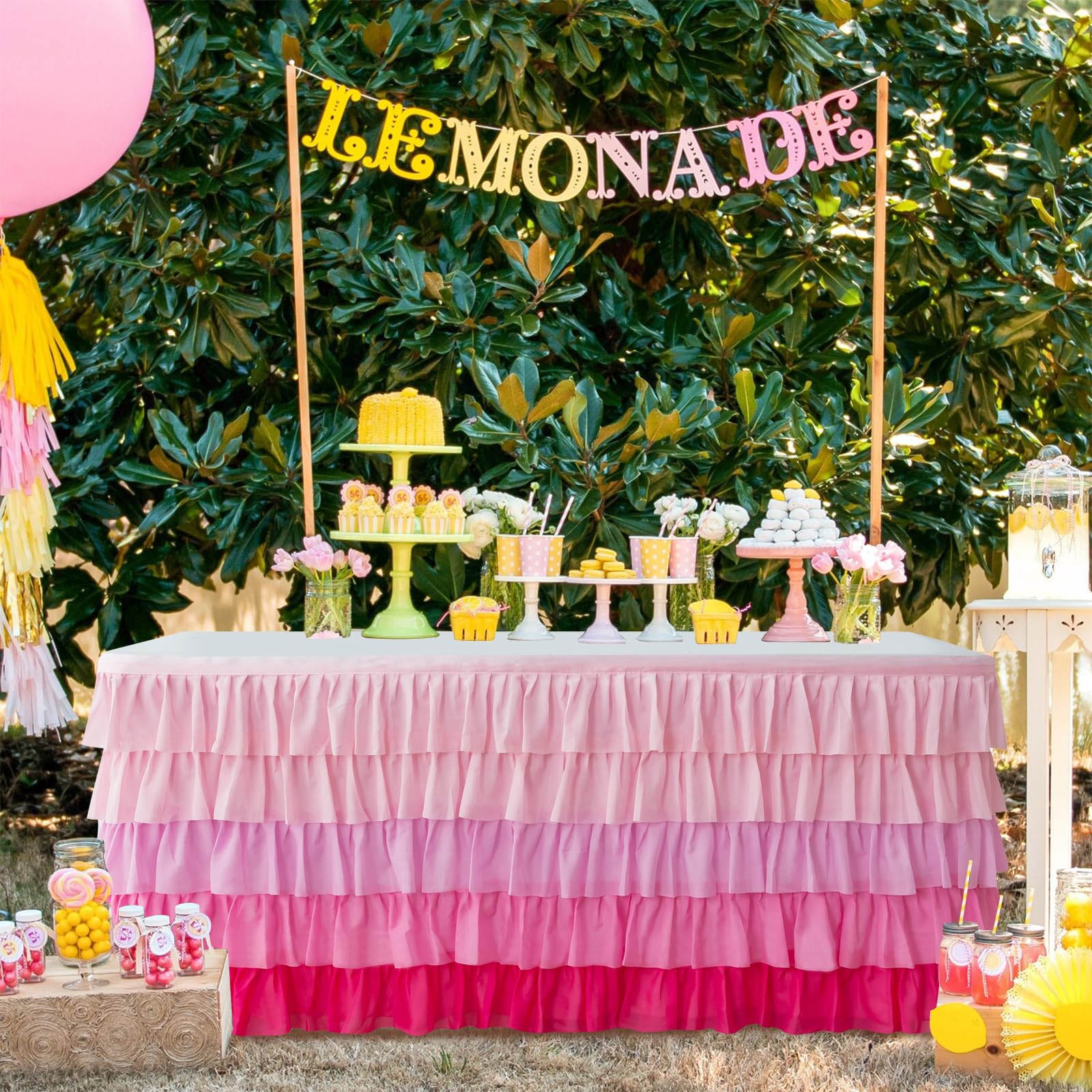 Jevix pink table skirt 6ft with ruffle edge for dessert table decor