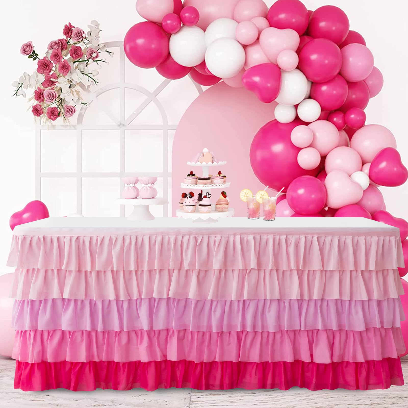 Jevix pink table skirt birthday party setup for rectangle tables