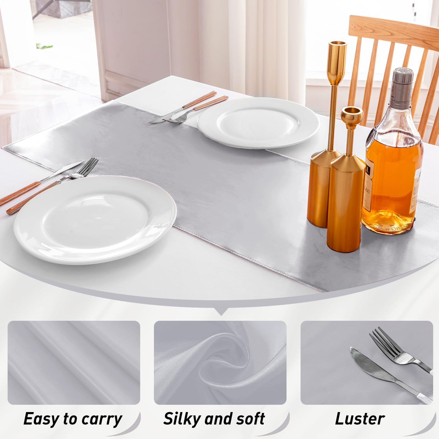 Jevix satin table runner used in wedding decor with satin luster.