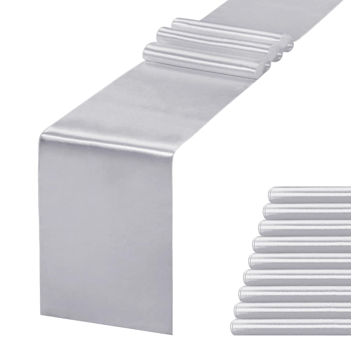 Jevix silver satin table runner on a full table setup for elegant dining