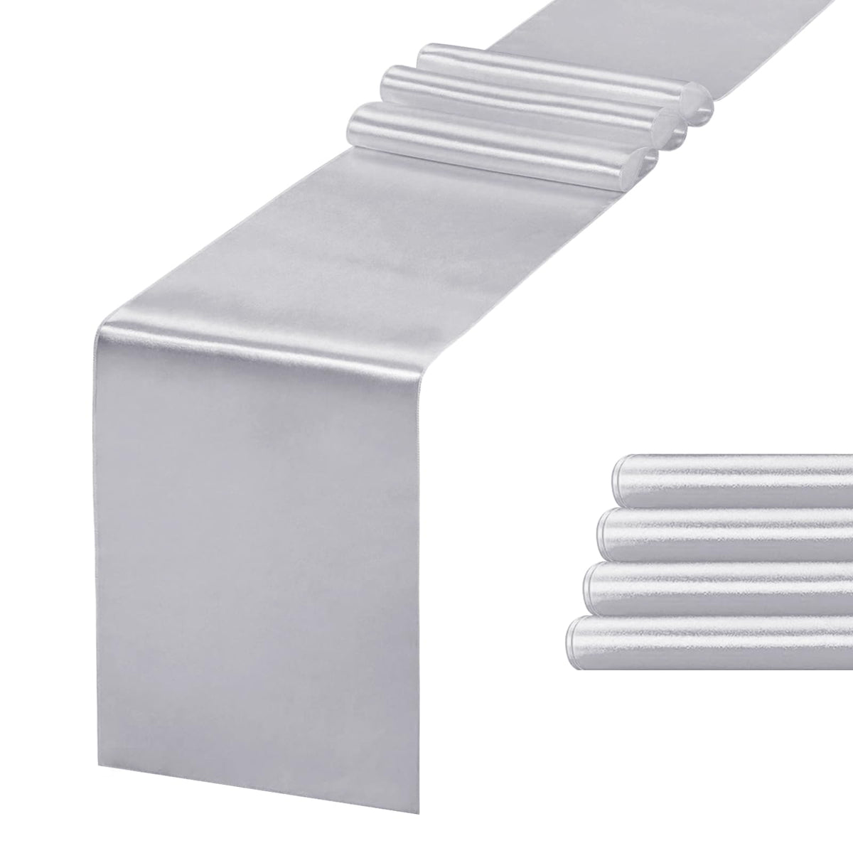 Jevix silver table runner on banquet table adds elegant ambiance.