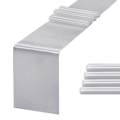 Jevix silver table runner on banquet table adds elegant ambiance.