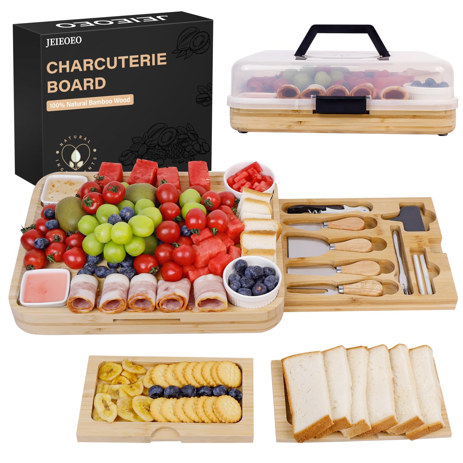 JFIEOEO charcuterie board with lid for elegant entertaining and organized servings.