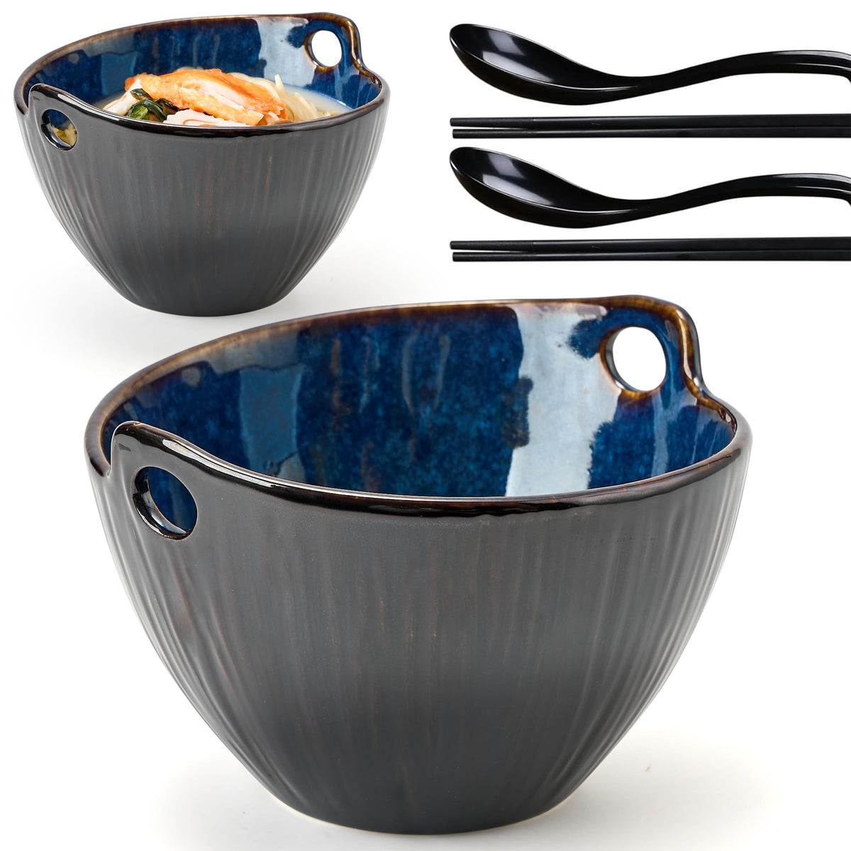 JH JIEMEI HOME ramen bowl 7-inch dark blue set 2, perfect for serving noodles.
