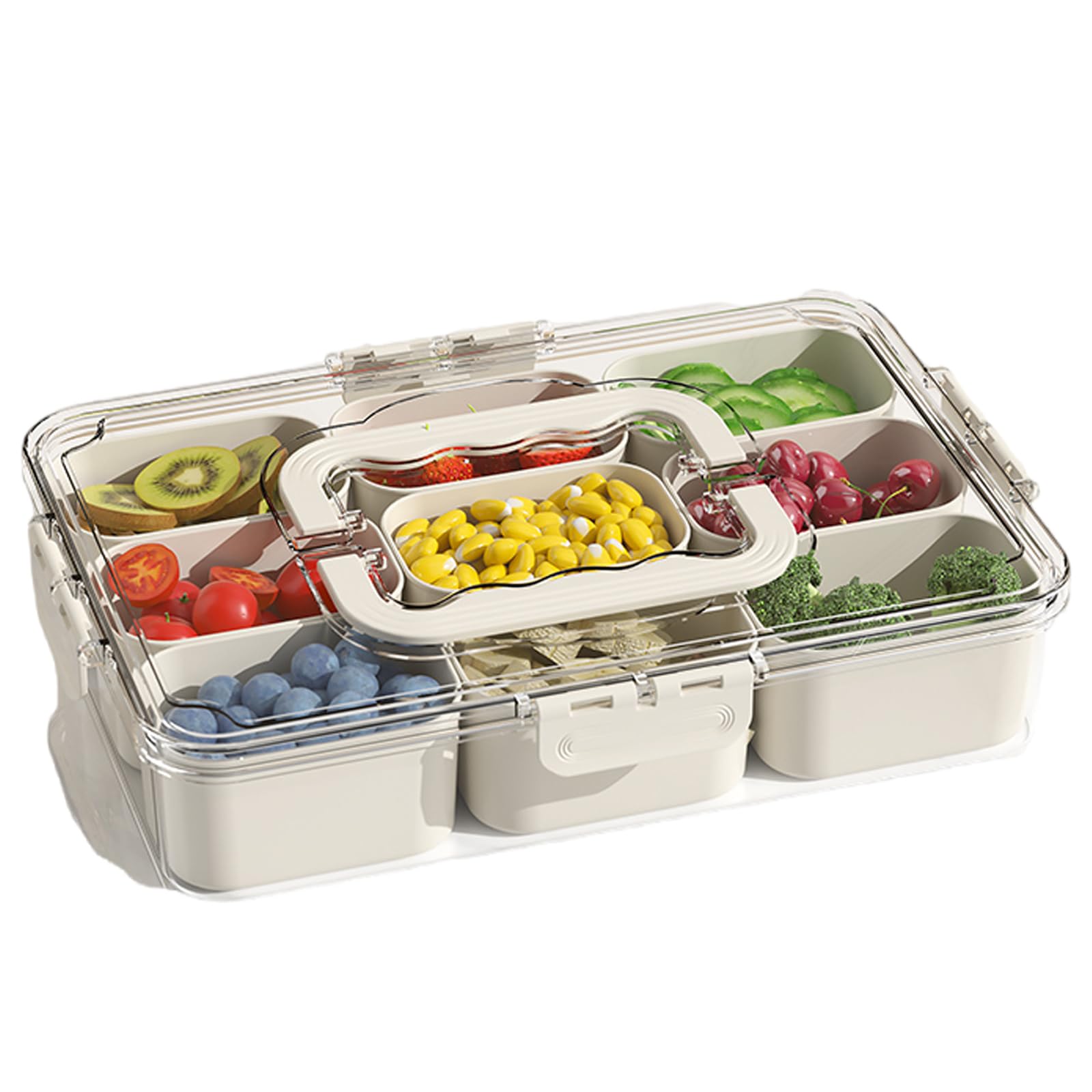 J-hong divided veggie tray with lid and handle showing nine compartments for organized snacks.