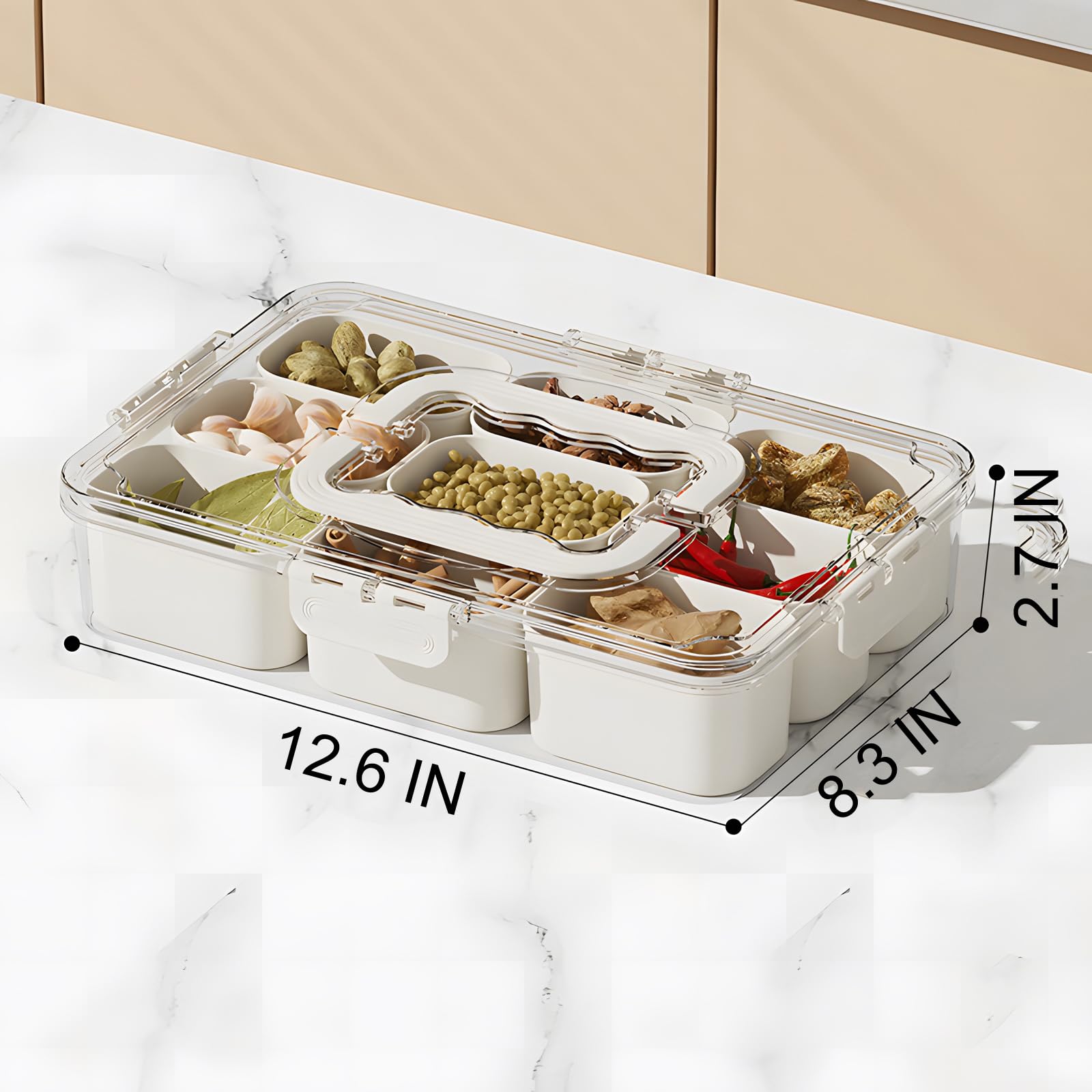 J-hong nine-compartment tray displayed on a table with colorful fruits and vegetables.