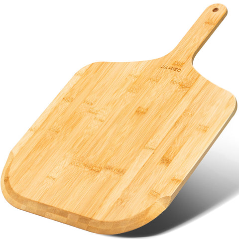 JIAFUEO 14 inch bamboo pizza peel with smooth surface for easy dough transfer.
