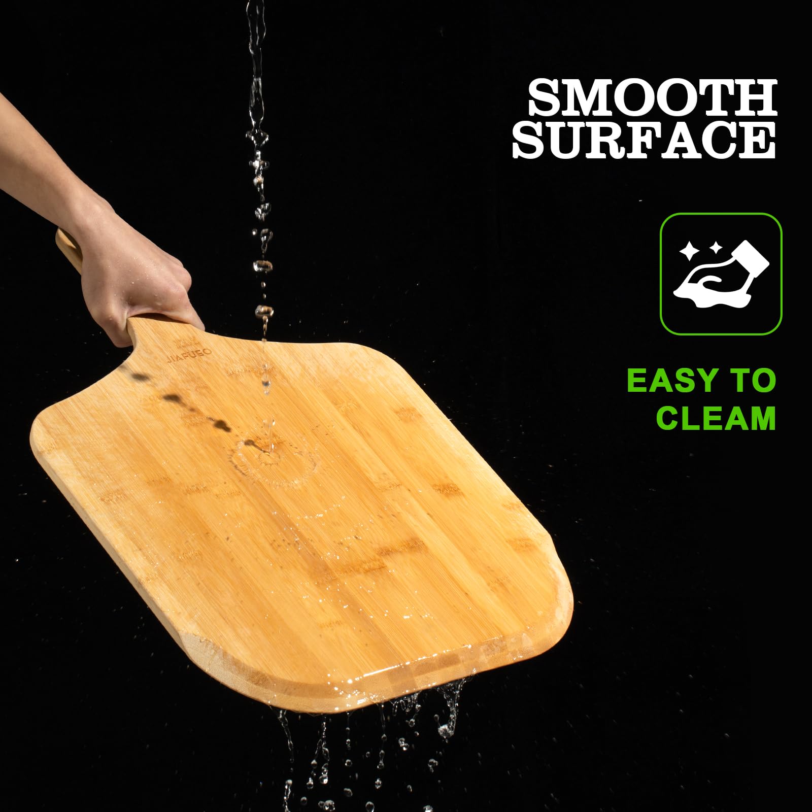 JIAFUEO bamboo construction offers sturdy, long-lasting pizza prep tool.