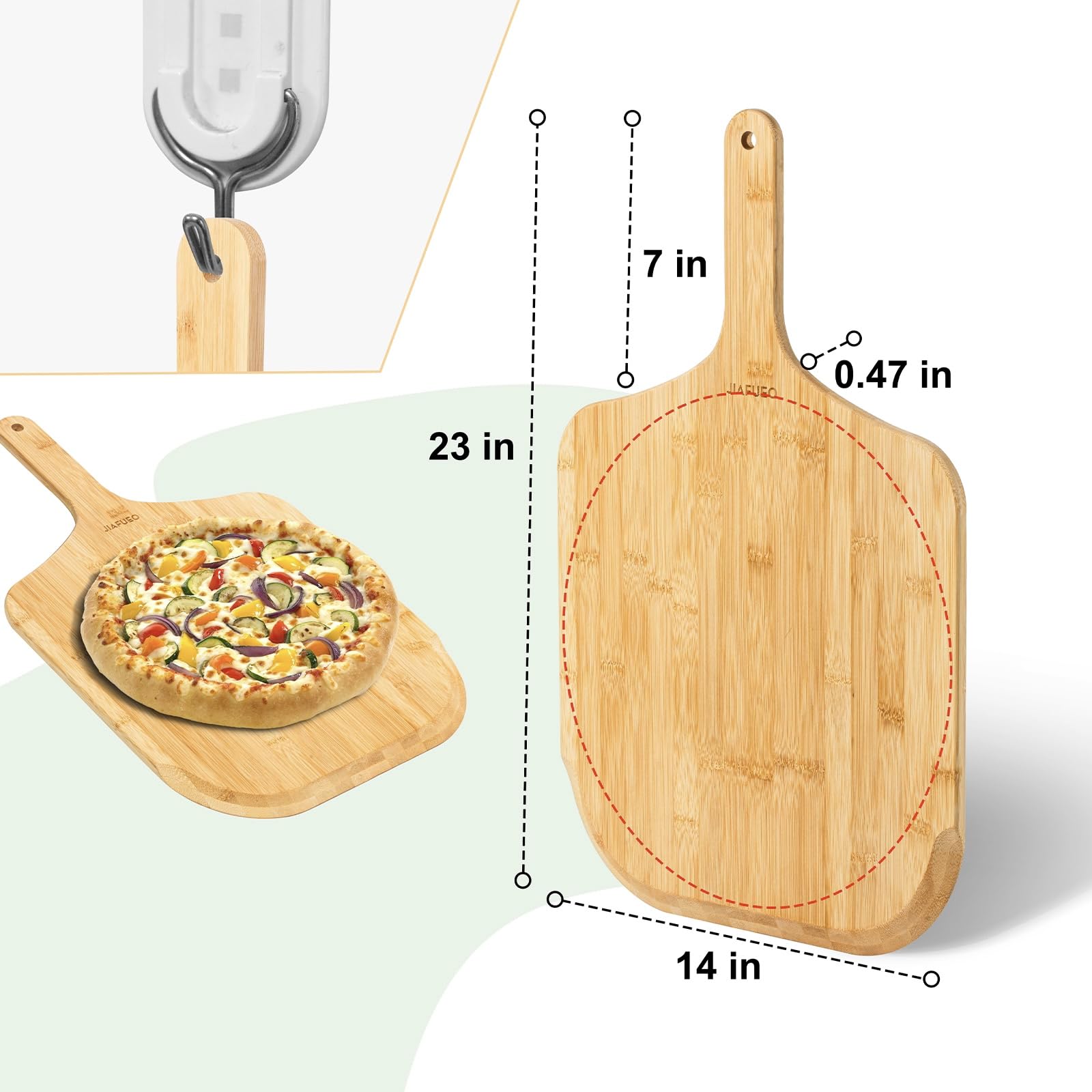 JIAFUEO pizza peel with ergonomic handle and hanging hole for convenient storage.