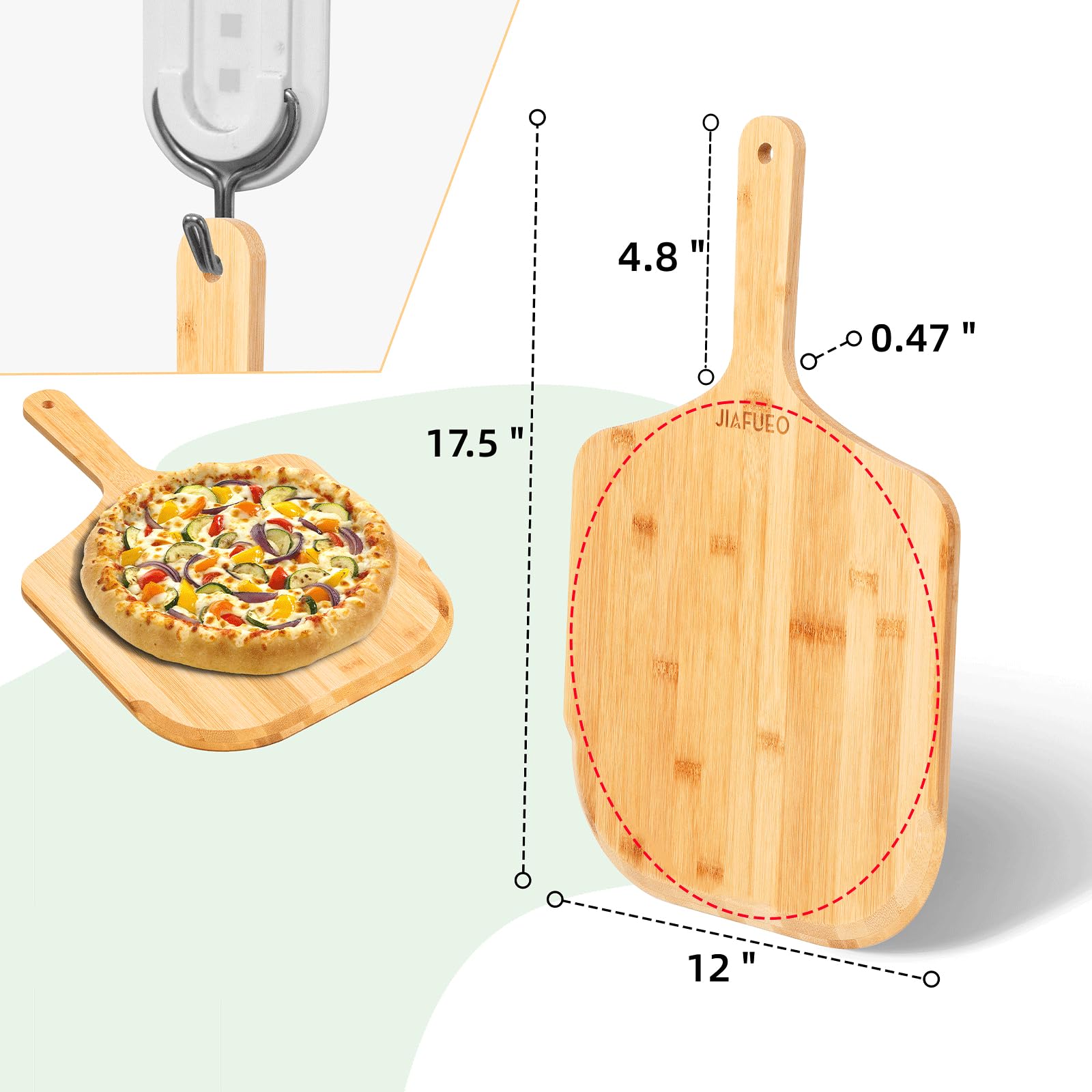 JIAFUEO pizza peel shows ergonomic handle for comfortable grip during baking.