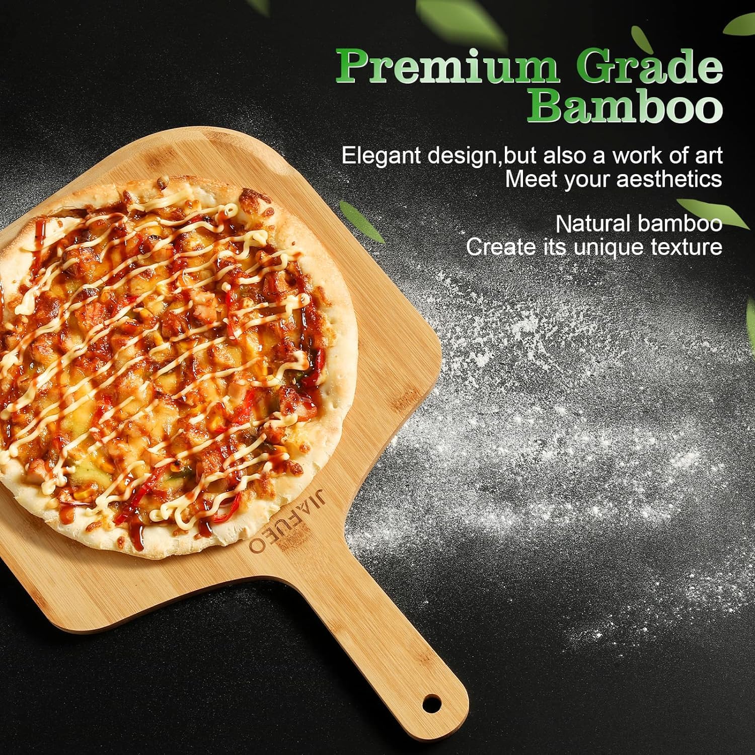 JIAFUEO pizza peel features hanging holes for easy storage on wall.