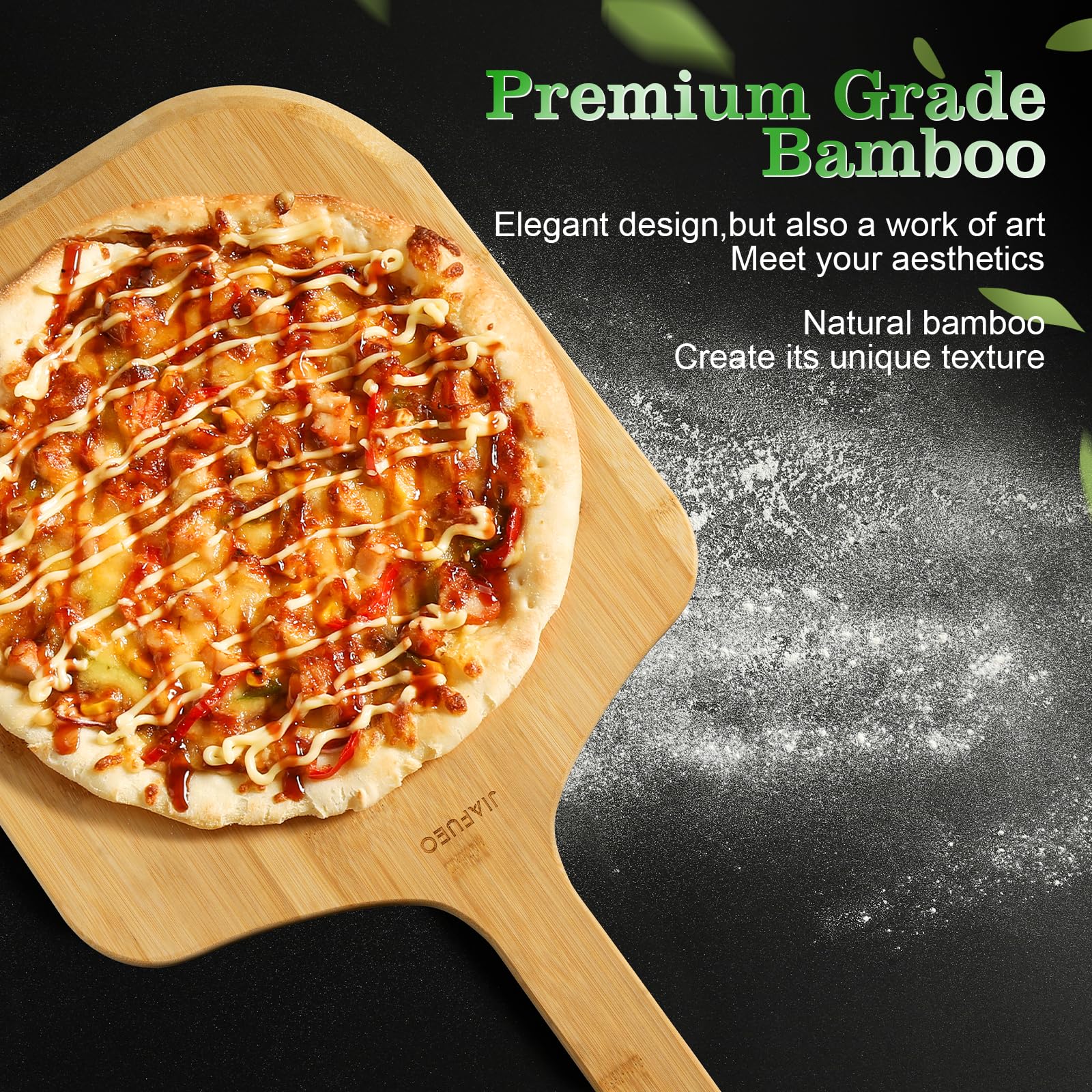 JIAFUEO pizza peel doubles as a cutting board for fruits, bread, and cheese.
