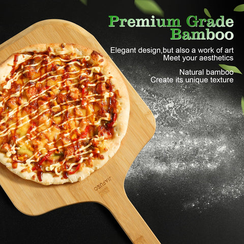 JIAFUEO pizza peel doubles as a cutting board for fruits, bread, and cheese.