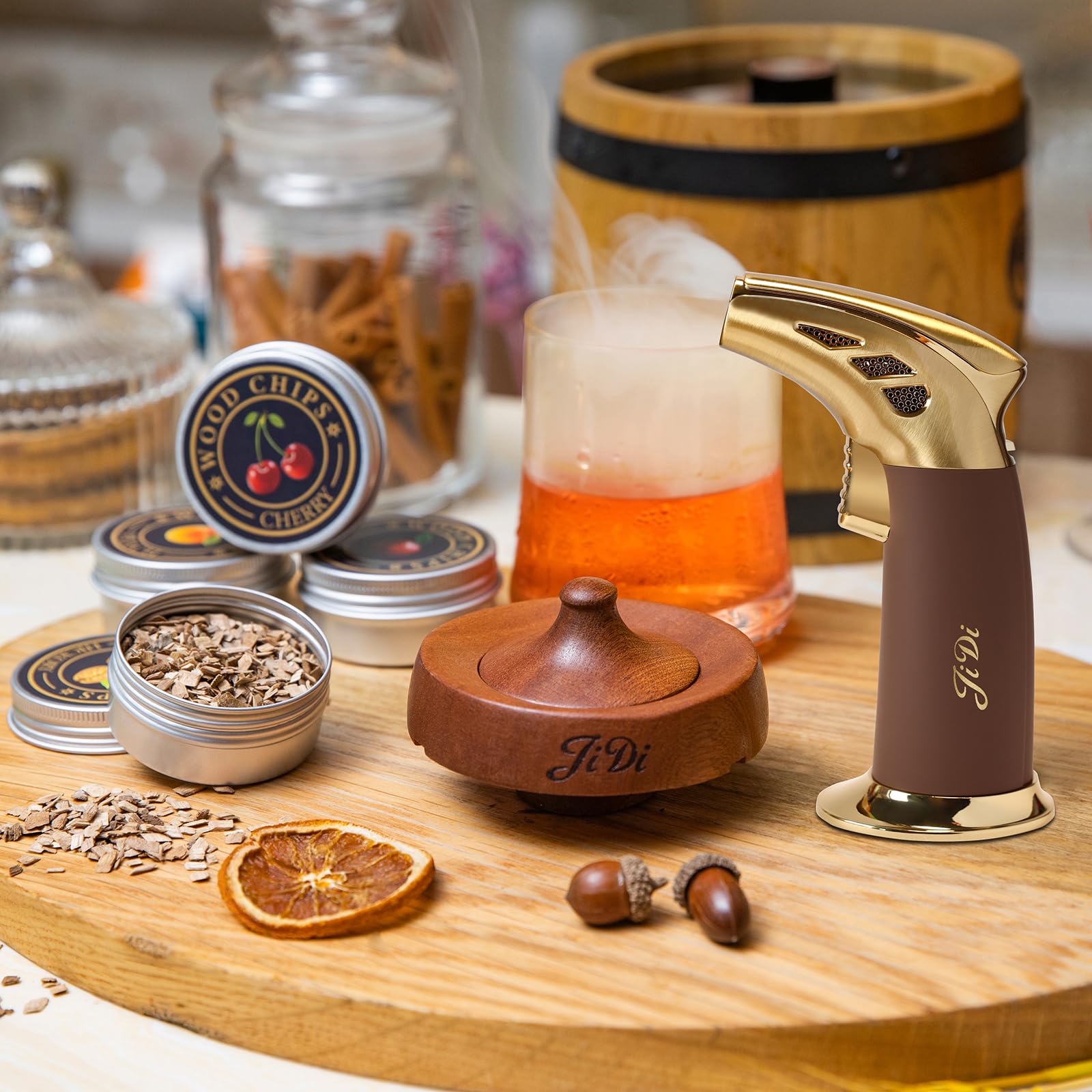 JIDI whiskey smoker kit with torch showing portable home-bar design