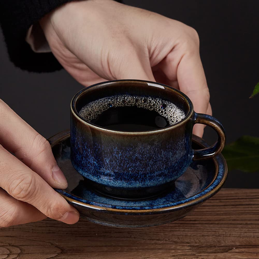 Jiemei Home espresso cups and saucers on metal stand save counter space.