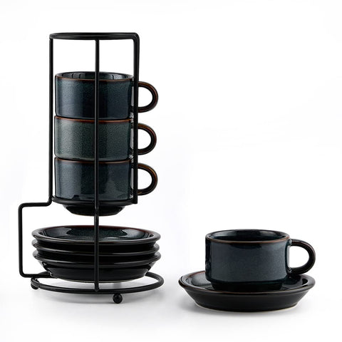 JIEMEI HOME porcelain espresso cups on a green-blue stackable stand for organized coffee service.