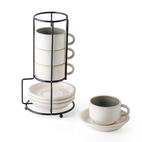JIEMEI HOME porcelain espresso cups stacked on a metal stand for tidy serving.
