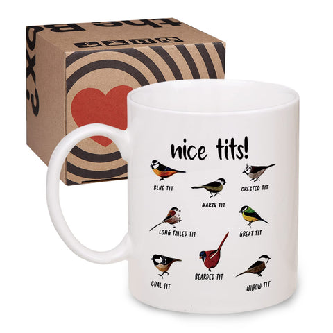 Jigfoxy Nice Tits Bird Mug, eight bird designs with detailed artwork.