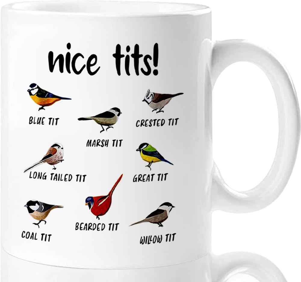 Jigfoxy Nice Tits Bird Mug front view, playful bird design for mornings.