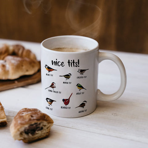 Jigfoxy Nice Tits Bird Mug in gift box, ready for gifting.