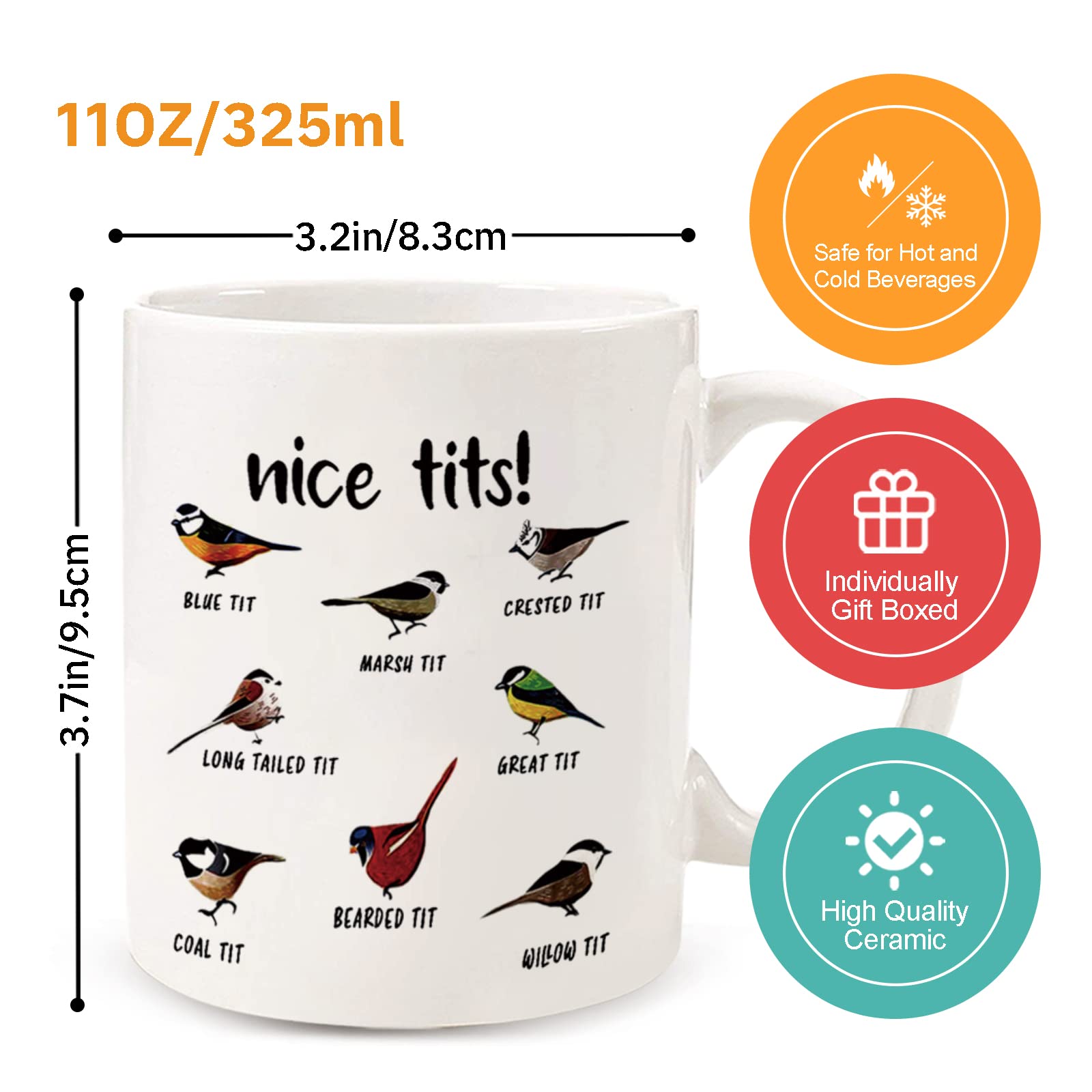 Jigfoxy Nice Tits Bird Mug handle view, comfortable grip for sipping.