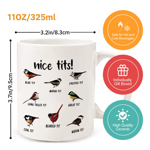Jigfoxy Nice Tits Bird Mug handle view, comfortable grip for sipping.
