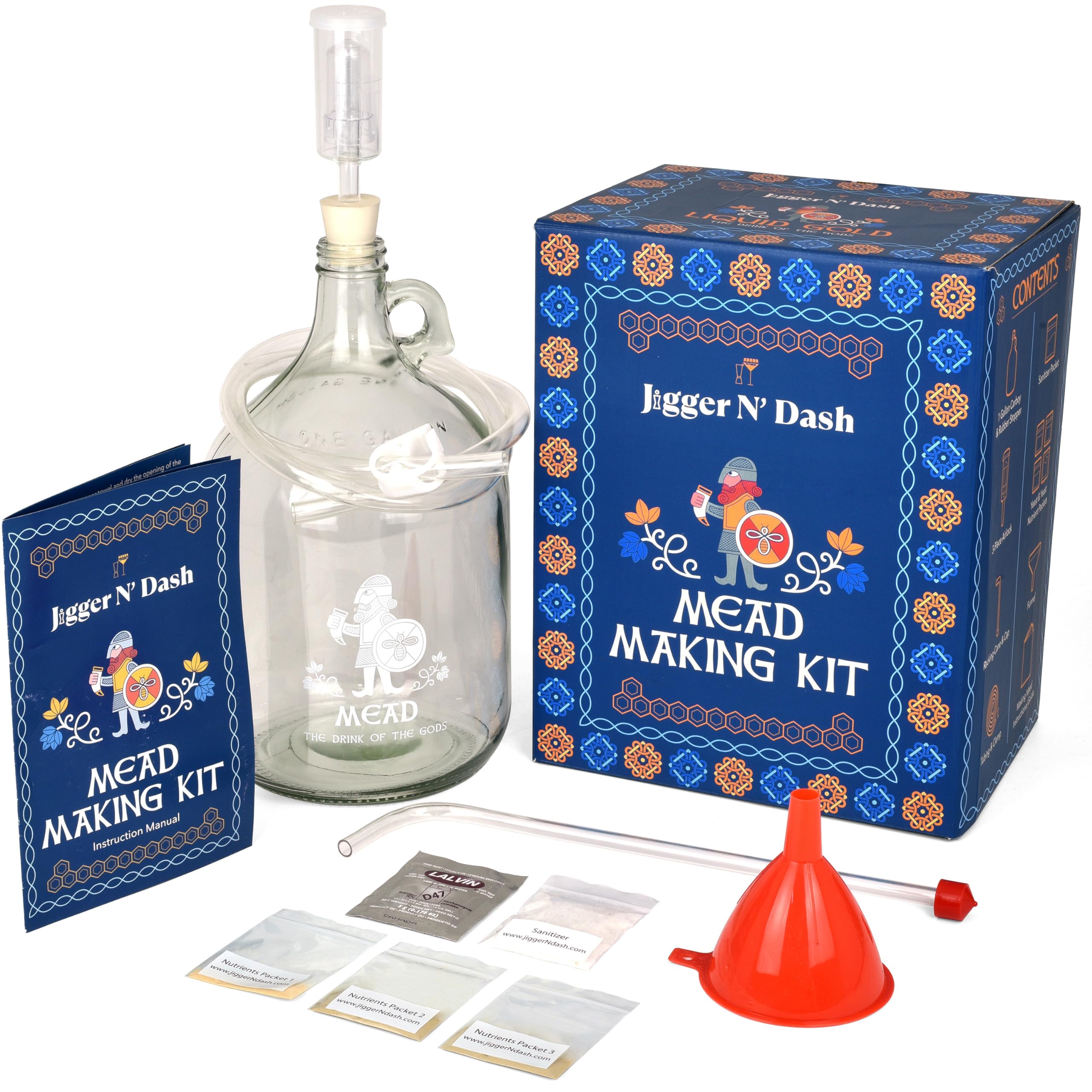 Jigger N' Dash mead kit box and contents for beginners.