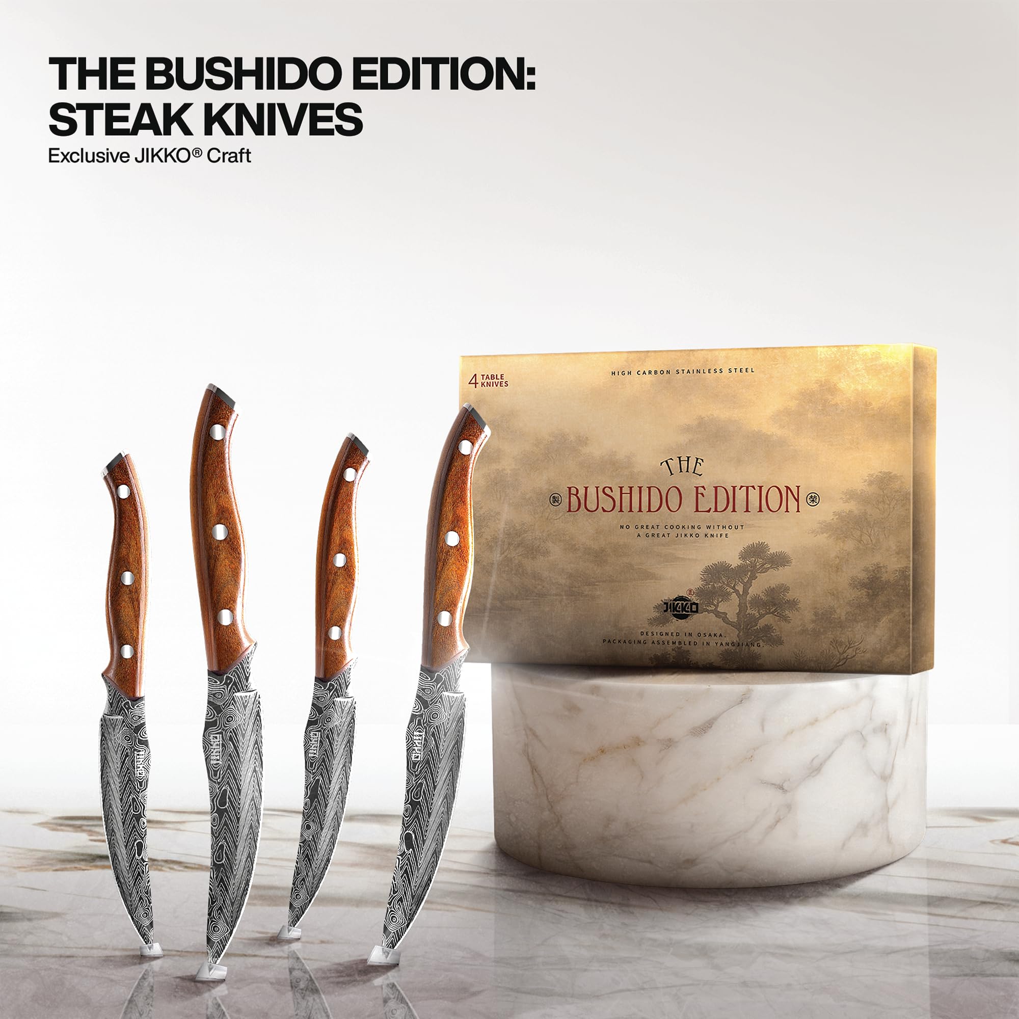 Jikko Bushido full-tang construction ensures balanced handling during kitchen tasks.