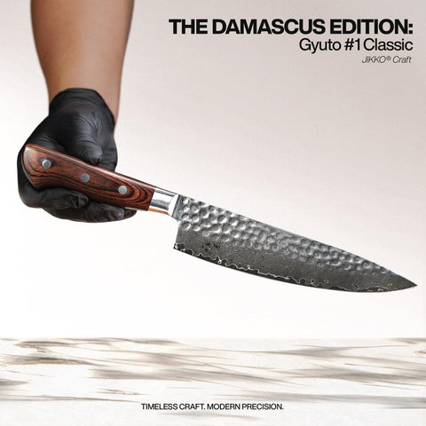 Jikko Damascus Edition 67-layer damascus steel displays layered strength.