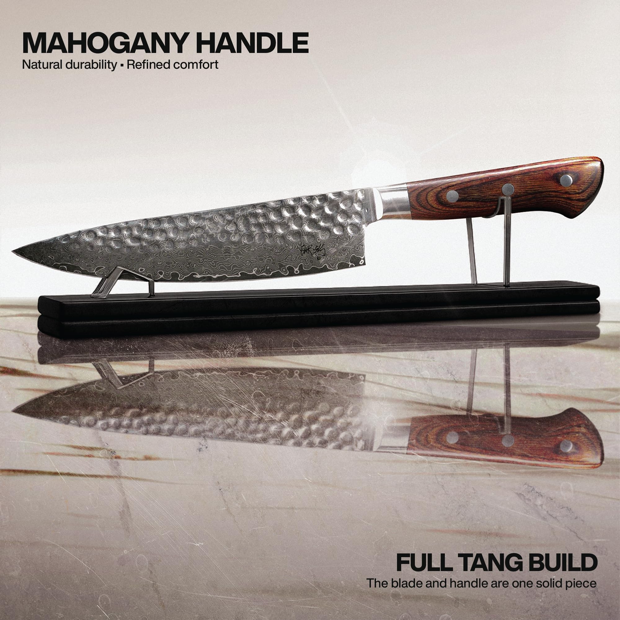 Jikko Damascus Edition full-tang construction for balanced handling.
