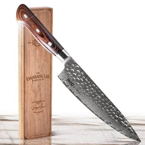 Jikko Damascus Edition gyuto knife with 8.5-inch blade for precise slicing.