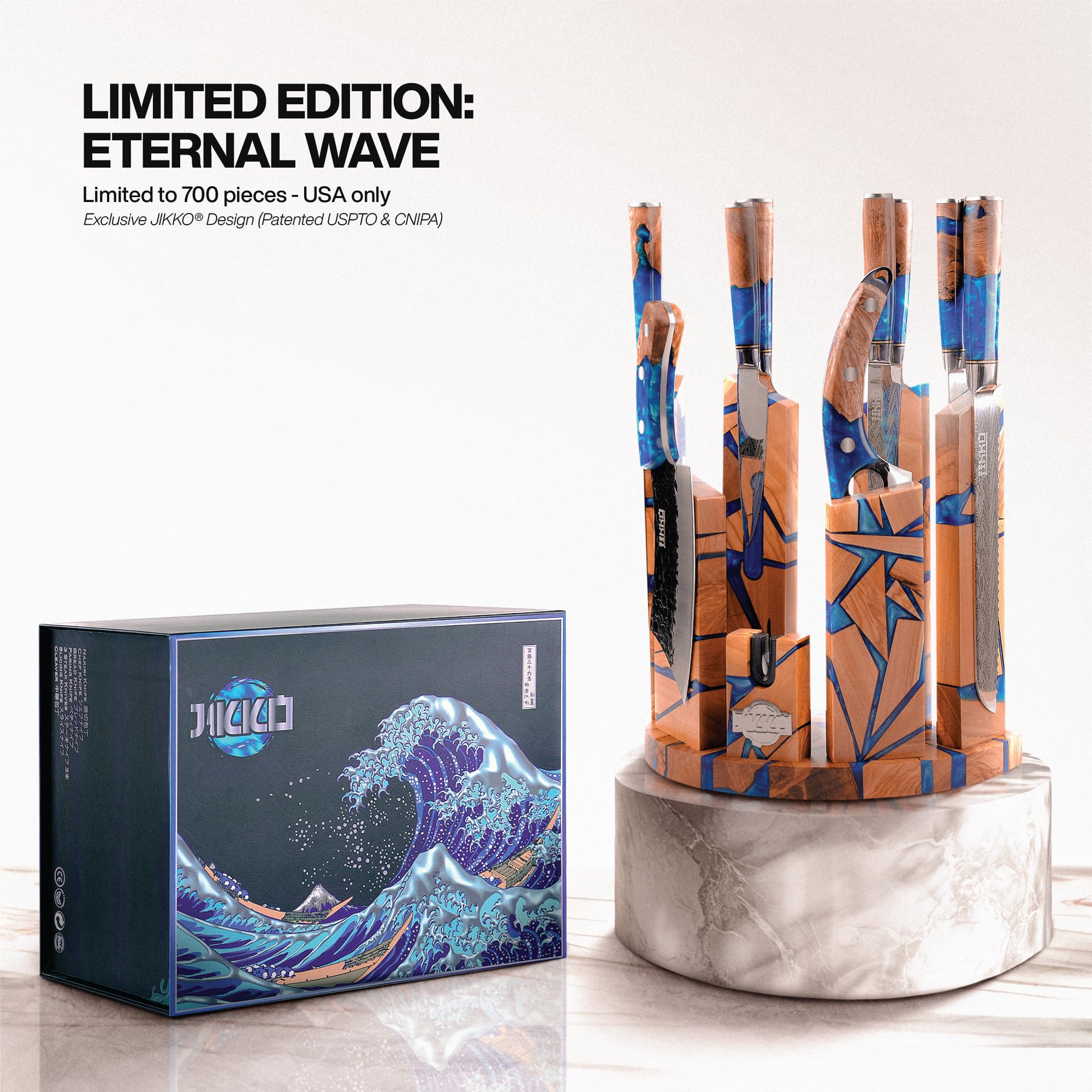 Jikko Eternal Wave chef knife with AUS-8 steel for precise daily cutting.
