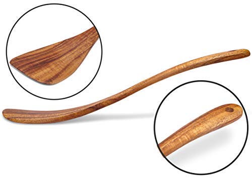 Jilla-hla acacia spatula hand-polished surface for smooth turning.