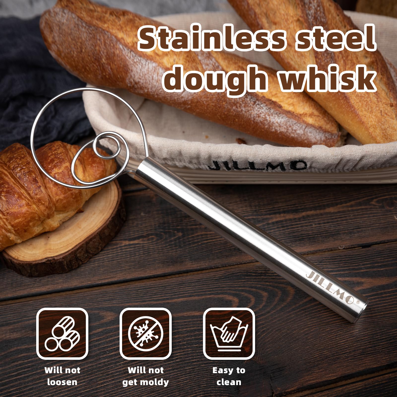 Jillmo Danish Dough Whisk rust-proof design resists corrosion.