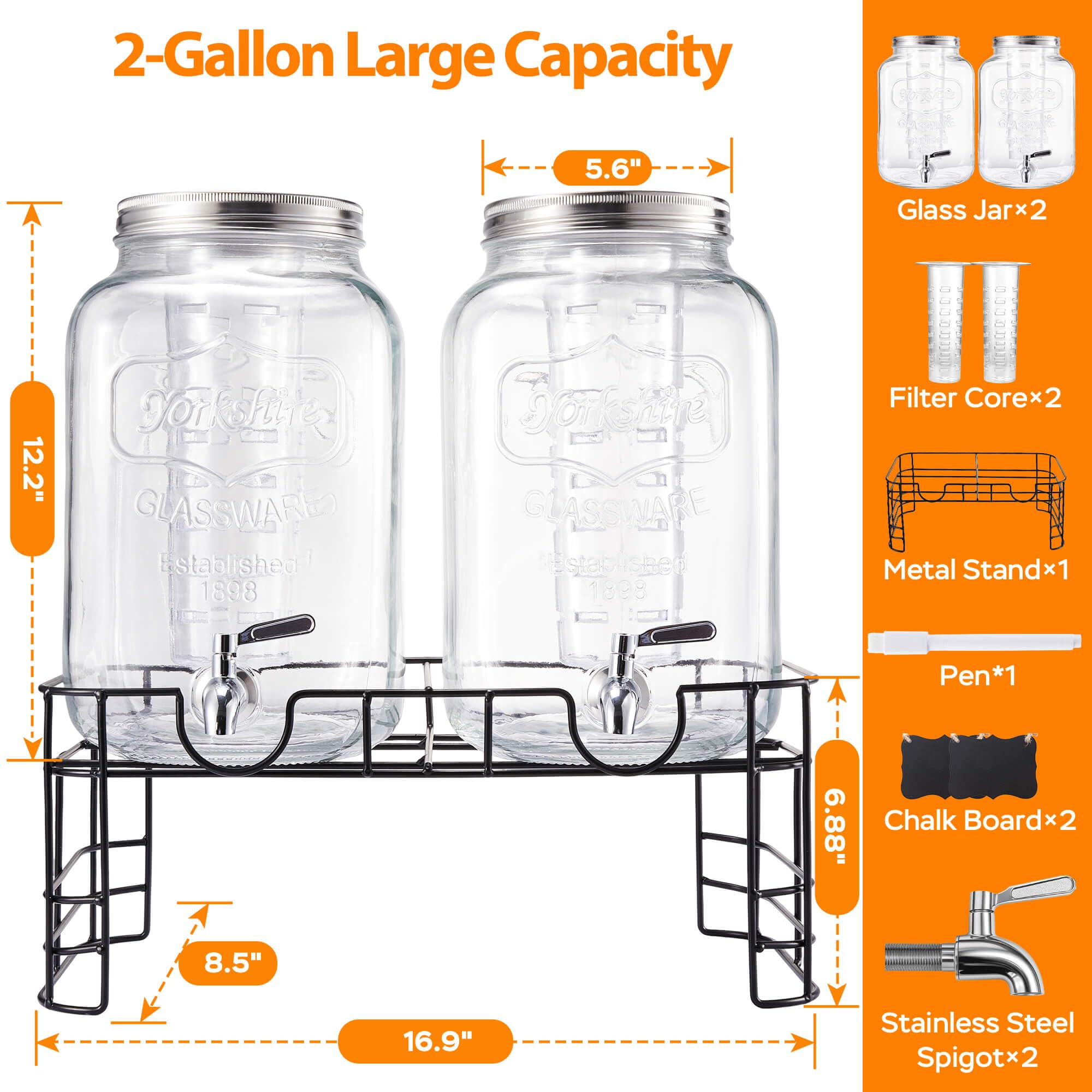 JILLSKY 2-gallon glass dispenser with stand shown from the side for setup ideas.