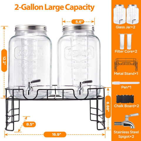 JILLSKY 2-gallon glass dispenser with stand shown from the side for setup ideas.