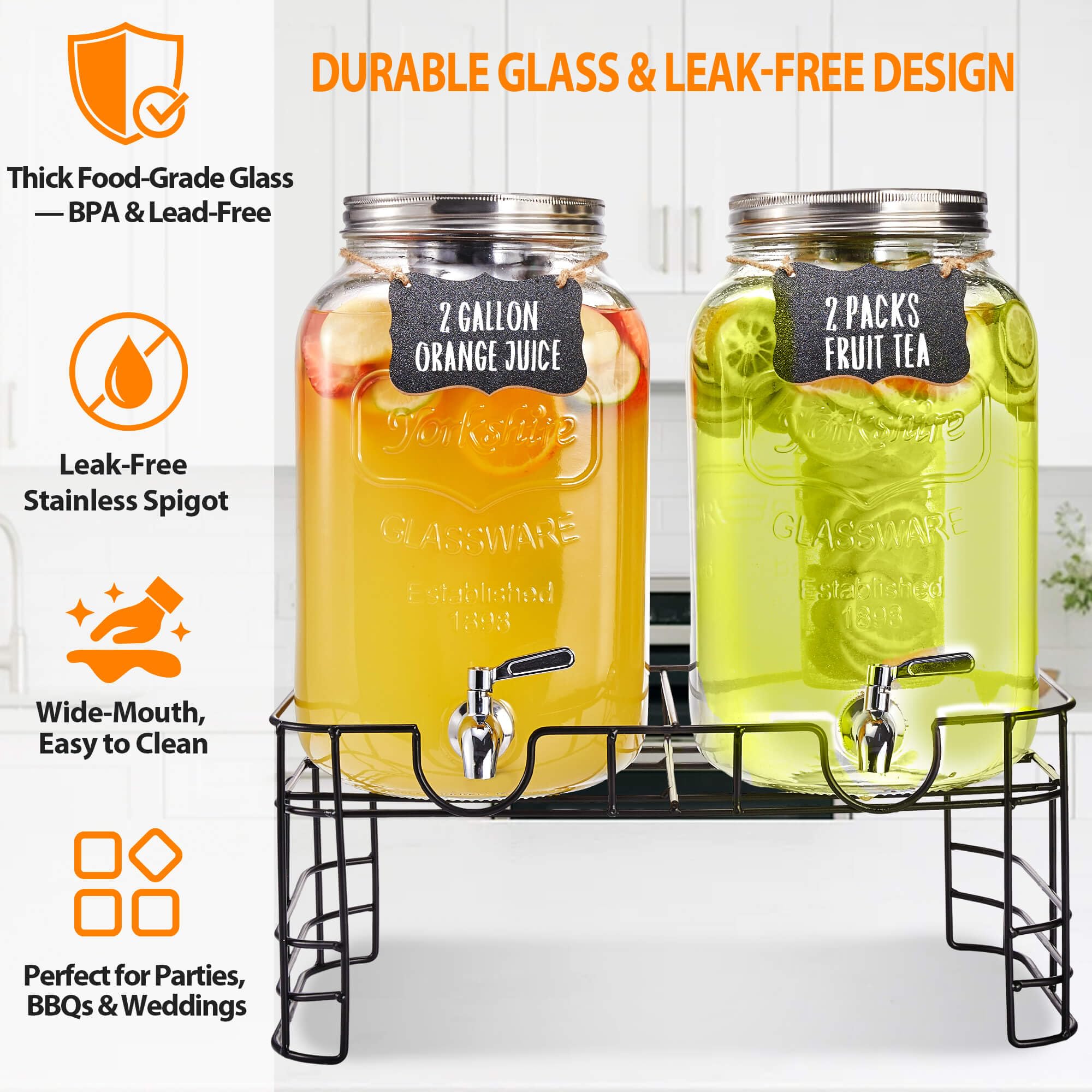 JILLSKY glass dispenser with 304 stainless steel spigot for reliable pouring.