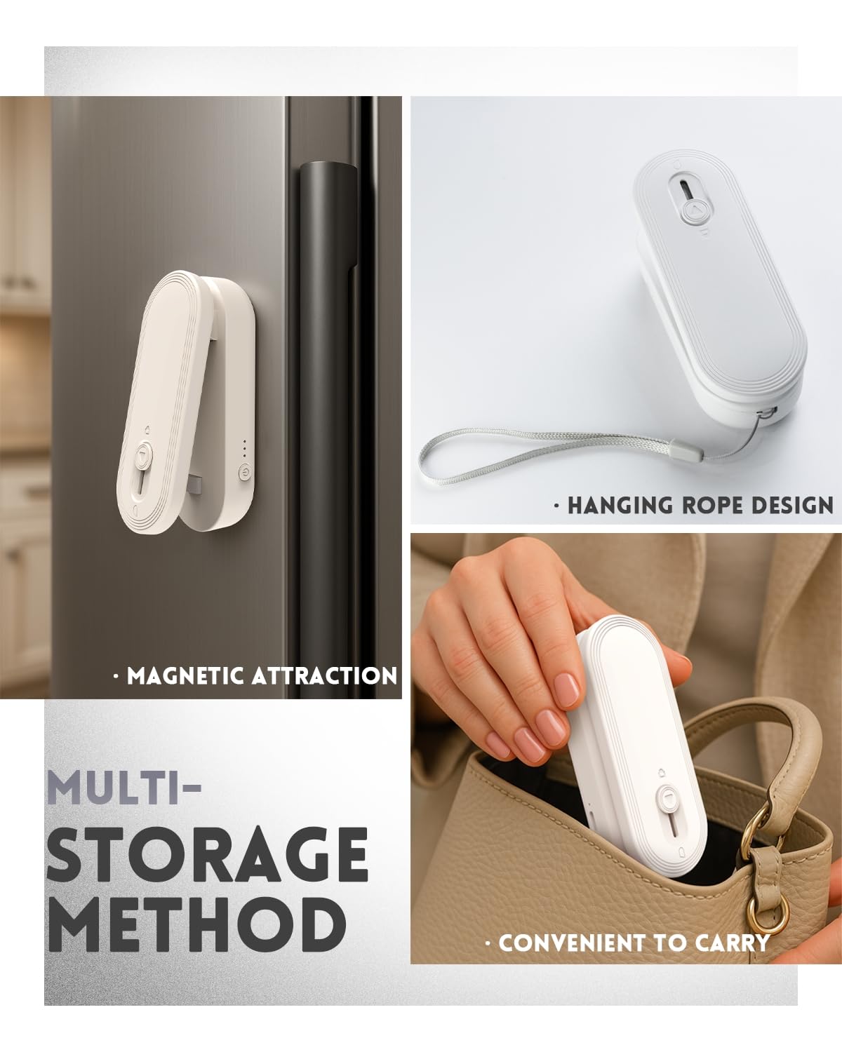 JIMEZON bag sealer attaches magnetically and by strap for quick access.