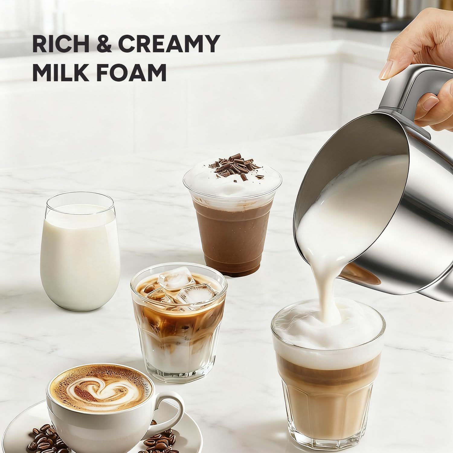 JIMYIU 500ml jug heats milk quickly for hot beverages.
