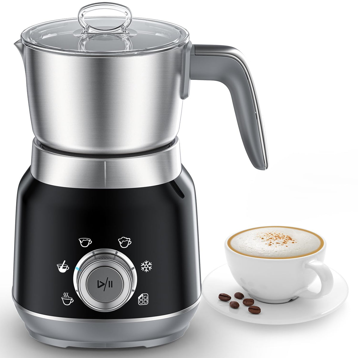 JIMYIU 6-in-1 milk frother with detachable cups for easy serving.