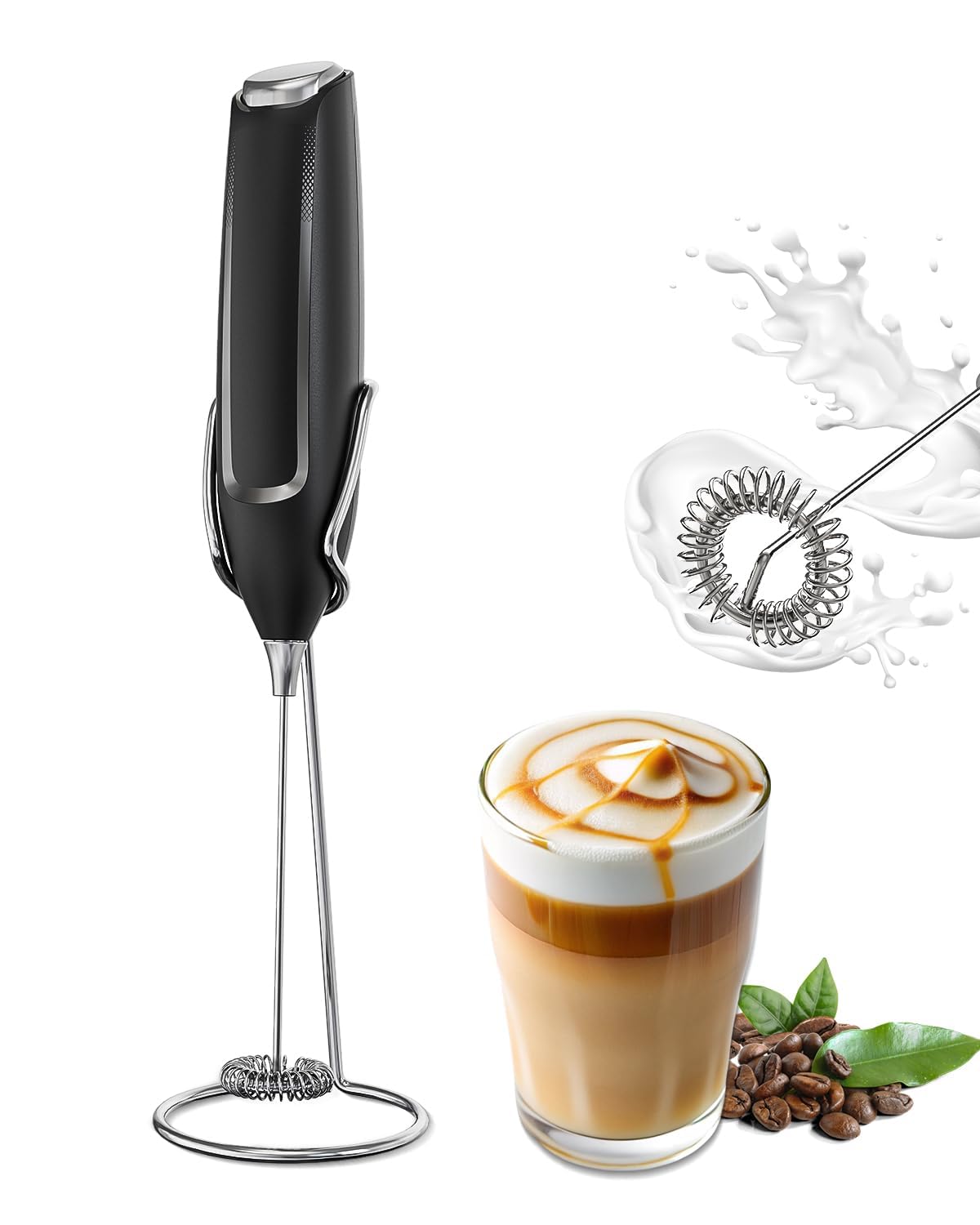 JIMYIU milk frother handle shows compact handheld design for quick, creamy foam.
