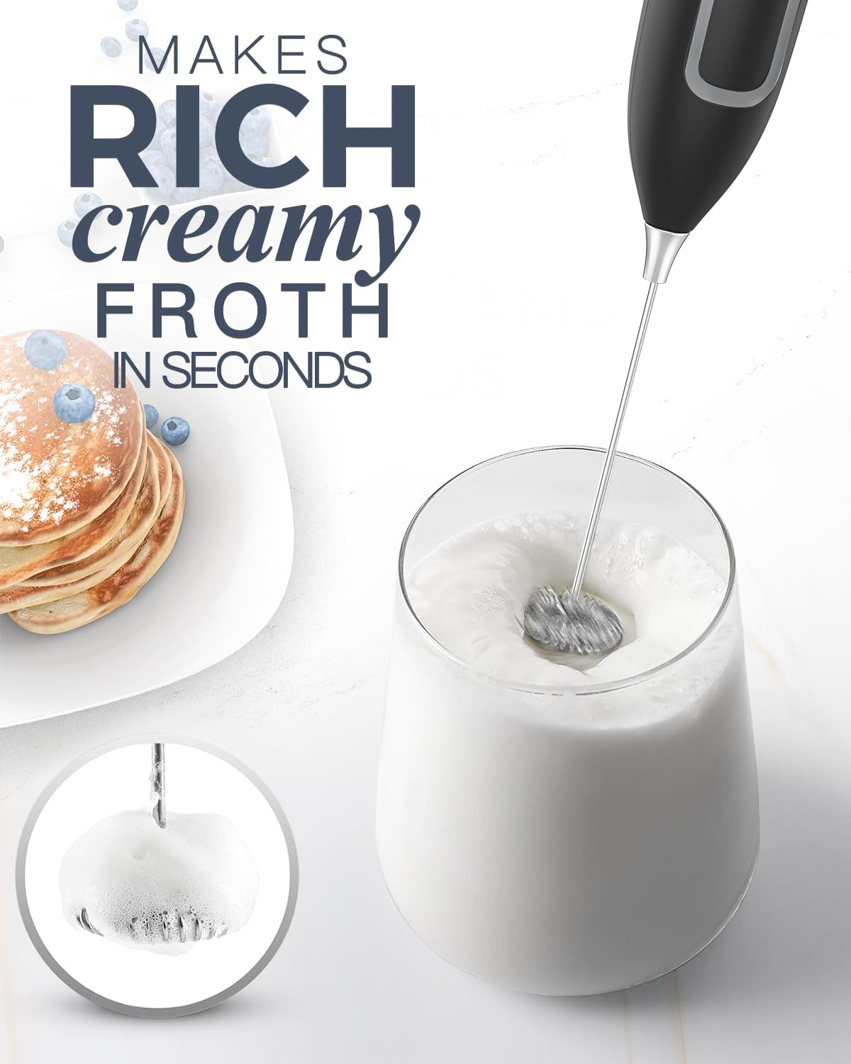 JIMYIU milk frother stand highlights convenient counter storage.