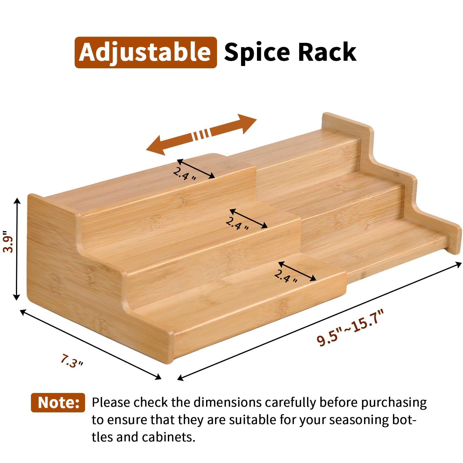JinDoWin 3-tier adjustable spice rack demonstrates flexible shelving for different bottle sizes.