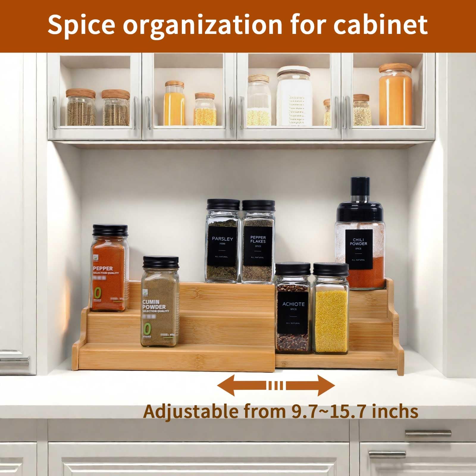 JinDoWin cabinet-fit spice organizer snugly fits inside a cabinet with tidy jars.